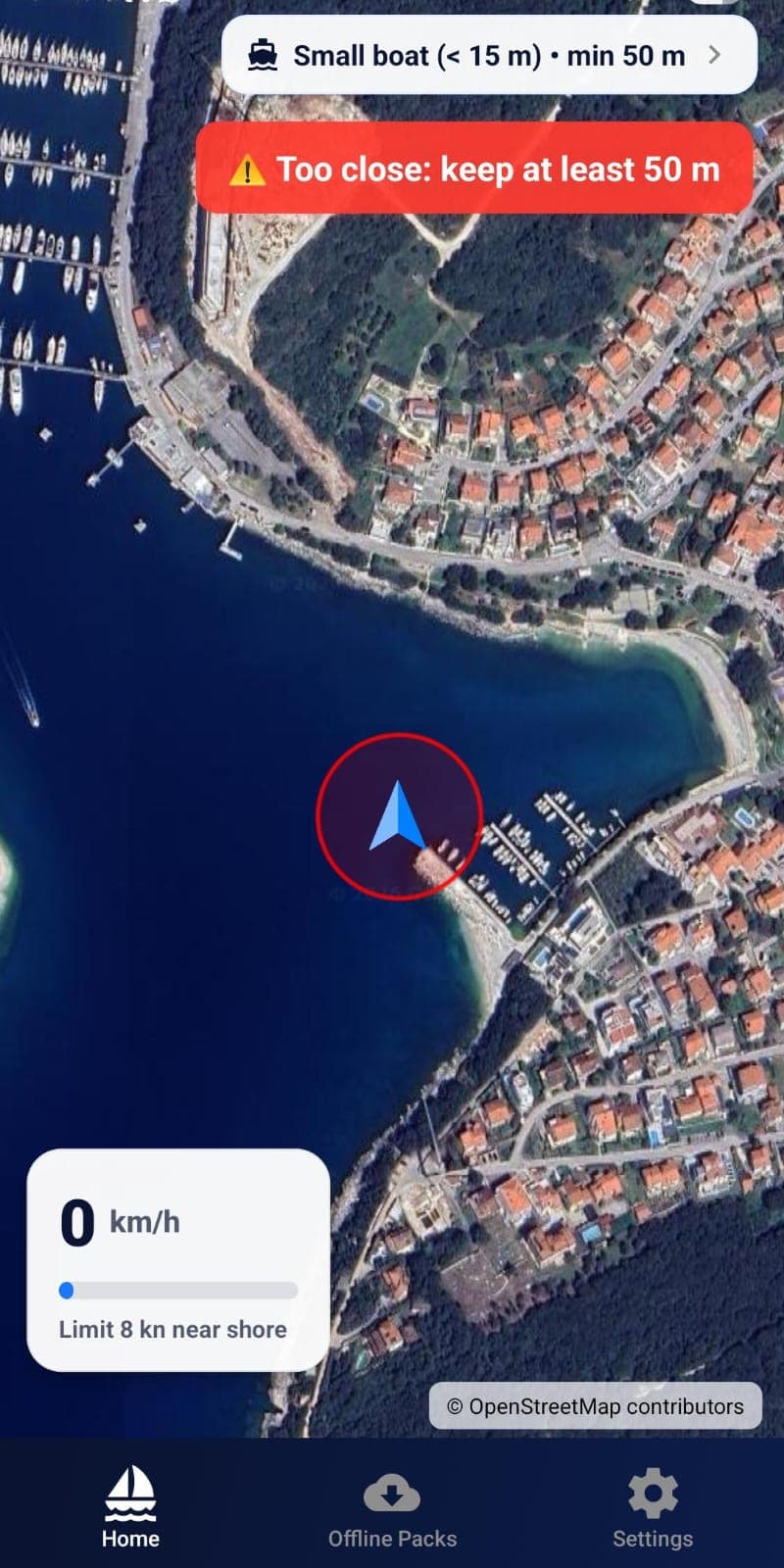 Shorewise mobile app screen showing map, speed and shore-distance alerts
